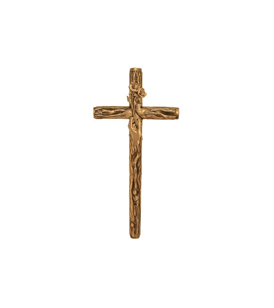 Cruz rustica con mano con flor bronce